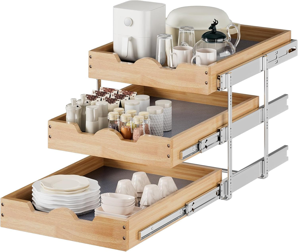 2 Tier Pull Out Cabinet Organizer (14" W x 18" D) Slide Out Wood Drawer, Two Tier Sliding Shelf Organization and Storage…