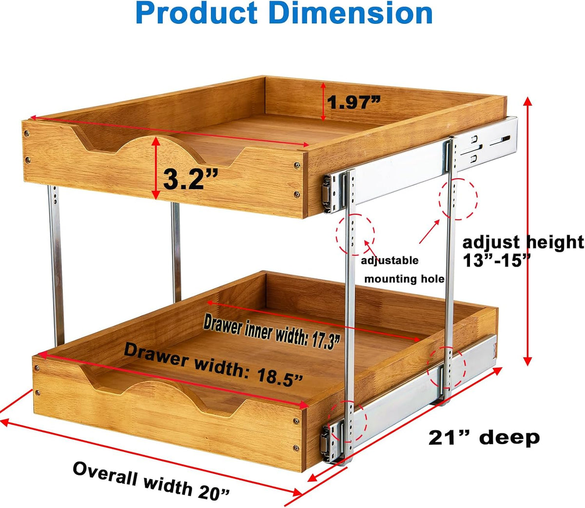 2 Tier Pull Out Cabinet Organizer (14" W x 18" D) Slide Out Wood Drawer, Two Tier Sliding Shelf Organization and Storage…