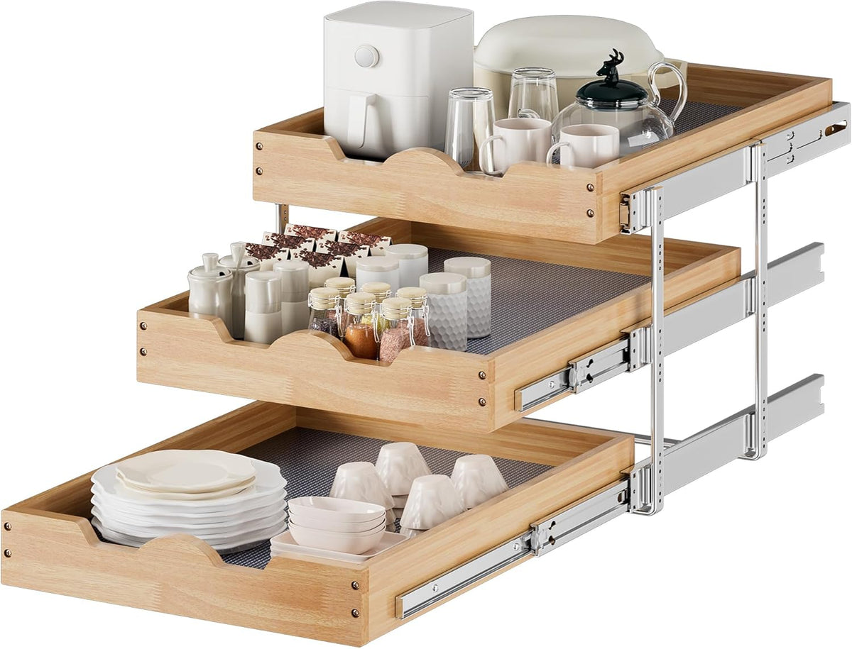 2 Tier Pull Out Cabinet Organizer (14" W x 18" D) Slide Out Wood Drawer, Two Tier Sliding Shelf Organization and Storage…