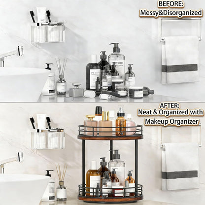 2-Tier Rotating Bathroom Countertop Organizer, Wooden Makeup Vanity Storage, Multifunctional Lazy Susan Turntable for Skincare, Perfume and Cosmetics (Brown)