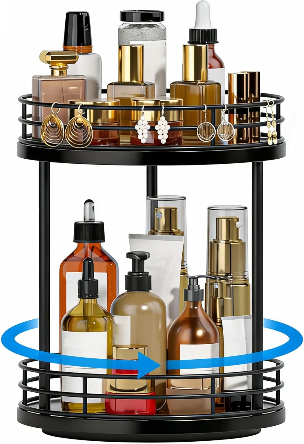 2-Tier Rotating Bathroom Countertop Organizer, Wooden Makeup Vanity Storage, Multifunctional Lazy Susan Turntable for Skincare, Perfume and Cosmetics (Brown)