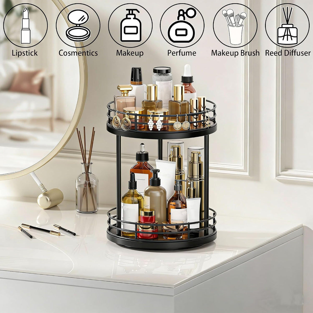 2-Tier Rotating Bathroom Countertop Organizer, Wooden Makeup Vanity Storage, Multifunctional Lazy Susan Turntable for Skincare, Perfume and Cosmetics (Brown)