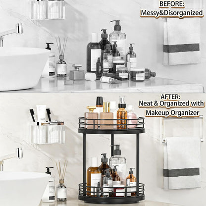 2-Tier Rotating Bathroom Countertop Organizer, Wooden Makeup Vanity Storage, Multifunctional Lazy Susan Turntable for Skincare, Perfume and Cosmetics (Brown)