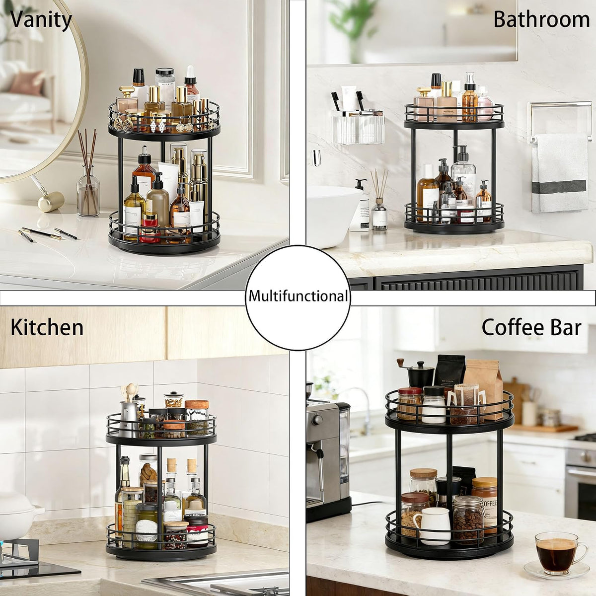 2-Tier Rotating Bathroom Countertop Organizer, Wooden Makeup Vanity Storage, Multifunctional Lazy Susan Turntable for Skincare, Perfume and Cosmetics (Brown)