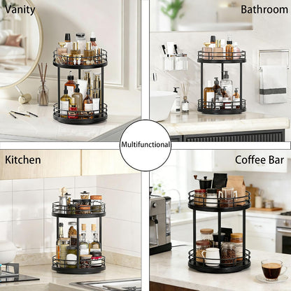 2-Tier Rotating Bathroom Countertop Organizer, Wooden Makeup Vanity Storage, Multifunctional Lazy Susan Turntable for Skincare, Perfume and Cosmetics (Brown)