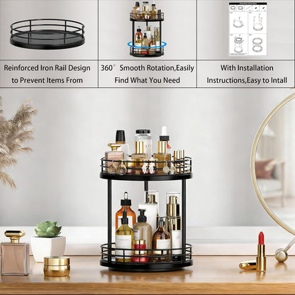 2-Tier Rotating Bathroom Countertop Organizer, Wooden Makeup Vanity Storage, Multifunctional Lazy Susan Turntable for Skincare, Perfume and Cosmetics (Brown)