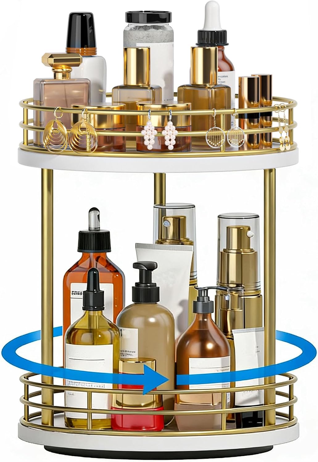 2-Tier Rotating Bathroom Countertop Organizer, Wooden Makeup Vanity Storage, Multifunctional Lazy Susan Turntable for Skincare, Perfume and Cosmetics (Brown)