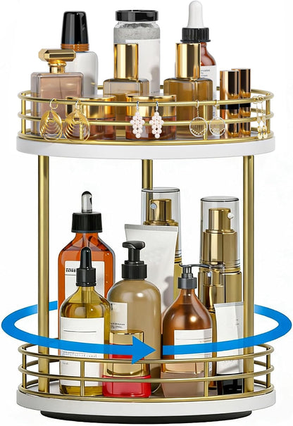 2-Tier Rotating Bathroom Countertop Organizer, Wooden Makeup Vanity Storage, Multifunctional Lazy Susan Turntable for Skincare, Perfume and Cosmetics (Brown)