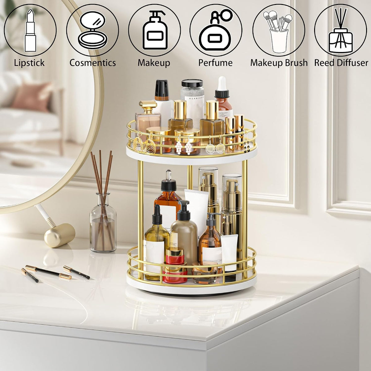 2-Tier Rotating Bathroom Countertop Organizer, Wooden Makeup Vanity Storage, Multifunctional Lazy Susan Turntable for Skincare, Perfume and Cosmetics (Brown)