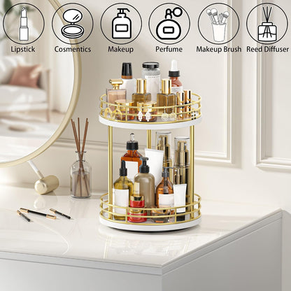 2-Tier Rotating Bathroom Countertop Organizer, Wooden Makeup Vanity Storage, Multifunctional Lazy Susan Turntable for Skincare, Perfume and Cosmetics (Brown)