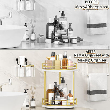2-Tier Rotating Bathroom Countertop Organizer, Wooden Makeup Vanity Storage, Multifunctional Lazy Susan Turntable for Skincare, Perfume and Cosmetics (Brown)