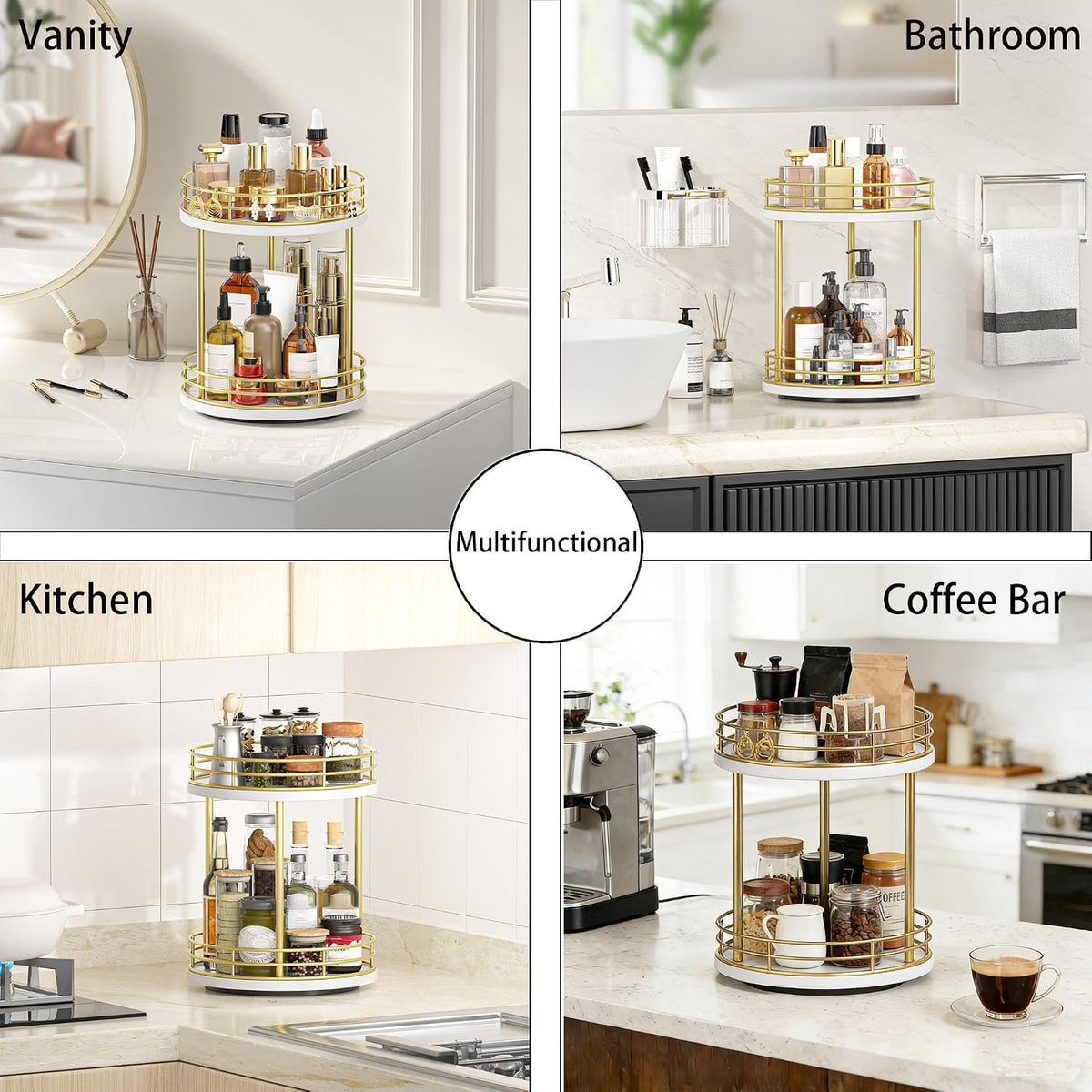2-Tier Rotating Bathroom Countertop Organizer, Wooden Makeup Vanity Storage, Multifunctional Lazy Susan Turntable for Skincare, Perfume and Cosmetics (Brown)