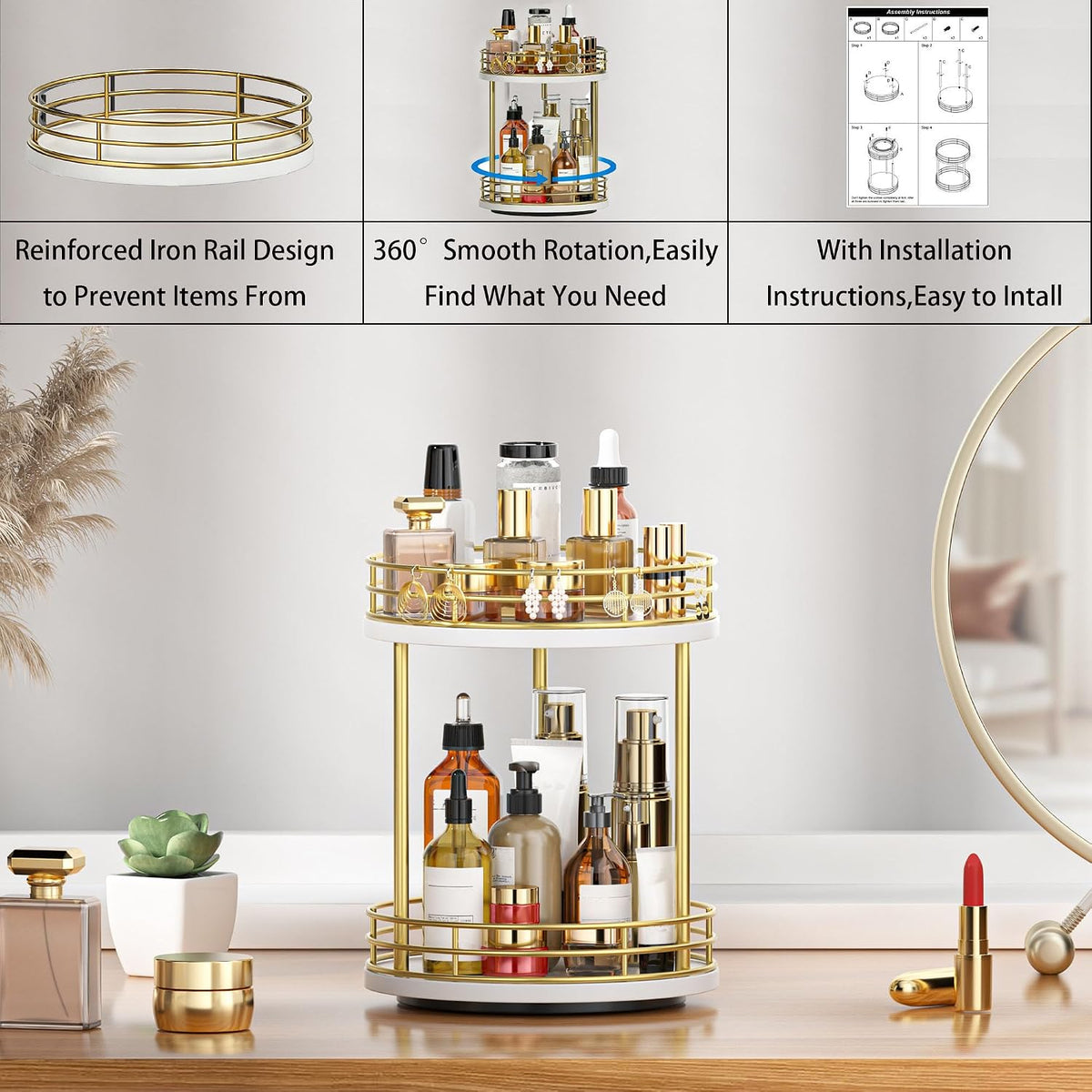 2-Tier Rotating Bathroom Countertop Organizer, Wooden Makeup Vanity Storage, Multifunctional Lazy Susan Turntable for Skincare, Perfume and Cosmetics (Brown)