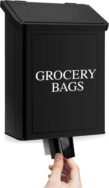 Modern Farmhouse Metal Magnetic Grocery Bags Holder for Plastic Bags with LId and Kitchen Organizer and Storage Wall Mount Grocery Bag Dispenser Space Saving, Black