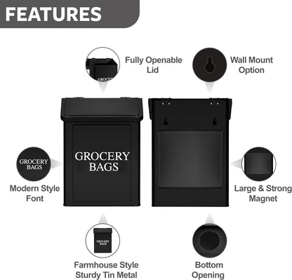 Modern Farmhouse Metal Magnetic Grocery Bags Holder for Plastic Bags with LId and Kitchen Organizer and Storage Wall Mount Grocery Bag Dispenser Space Saving, Black