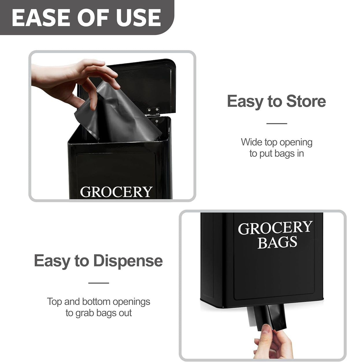Modern Farmhouse Metal Magnetic Grocery Bags Holder for Plastic Bags with LId and Kitchen Organizer and Storage Wall Mount Grocery Bag Dispenser Space Saving, Black