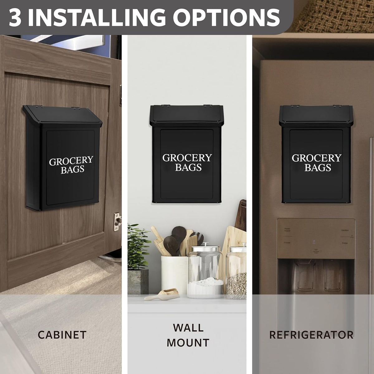 Modern Farmhouse Metal Magnetic Grocery Bags Holder for Plastic Bags with LId and Kitchen Organizer and Storage Wall Mount Grocery Bag Dispenser Space Saving, Black