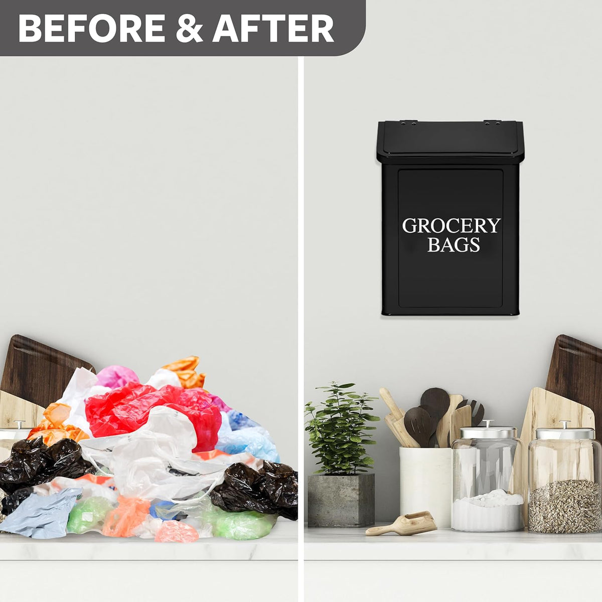 Modern Farmhouse Metal Magnetic Grocery Bags Holder for Plastic Bags with LId and Kitchen Organizer and Storage Wall Mount Grocery Bag Dispenser Space Saving, Black