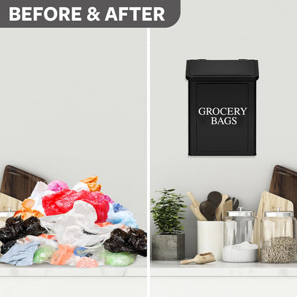 Modern Farmhouse Metal Magnetic Grocery Bags Holder for Plastic Bags with LId and Kitchen Organizer and Storage Wall Mount Grocery Bag Dispenser Space Saving, Black