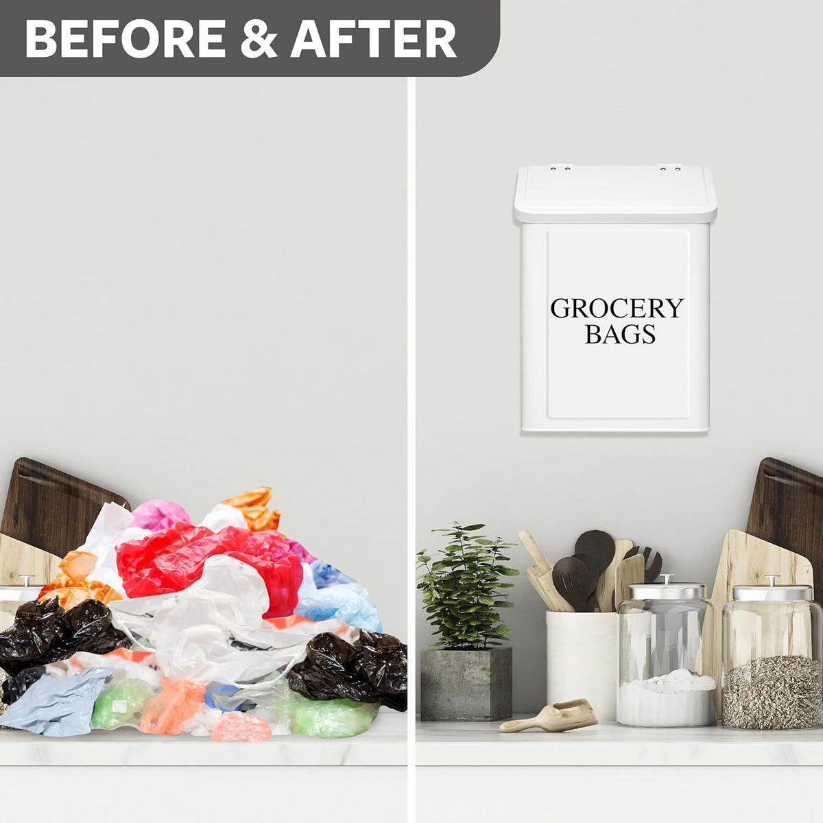 Modern Farmhouse Metal Magnetic Grocery Bags Holder for Plastic Bags with LId and Kitchen Organizer and Storage Wall Mount Grocery Bag Dispenser Space Saving, Black
