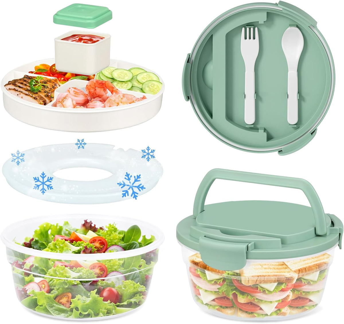 Salad Container for Lunch, Bento Lunch Box 58-oz with 4 Compartments Tray and Ice Pack, Leak-Proof Salad Bowl with Lid for Adults, BPA-Free Lunch Box for Meal Prep & Food Storage(Green)