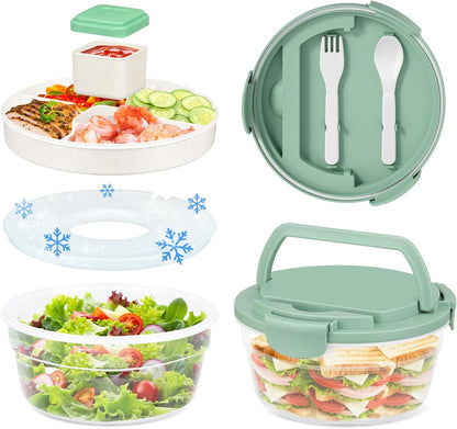 Salad Container for Lunch, Bento Lunch Box 58-oz with 4 Compartments Tray and Ice Pack, Leak-Proof Salad Bowl with Lid for Adults, BPA-Free Lunch Box for Meal Prep & Food Storage(Green)