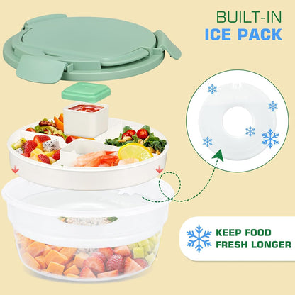 Salad Container for Lunch, Bento Lunch Box 58-oz with 4 Compartments Tray and Ice Pack, Leak-Proof Salad Bowl with Lid for Adults, BPA-Free Lunch Box for Meal Prep & Food Storage(Green)