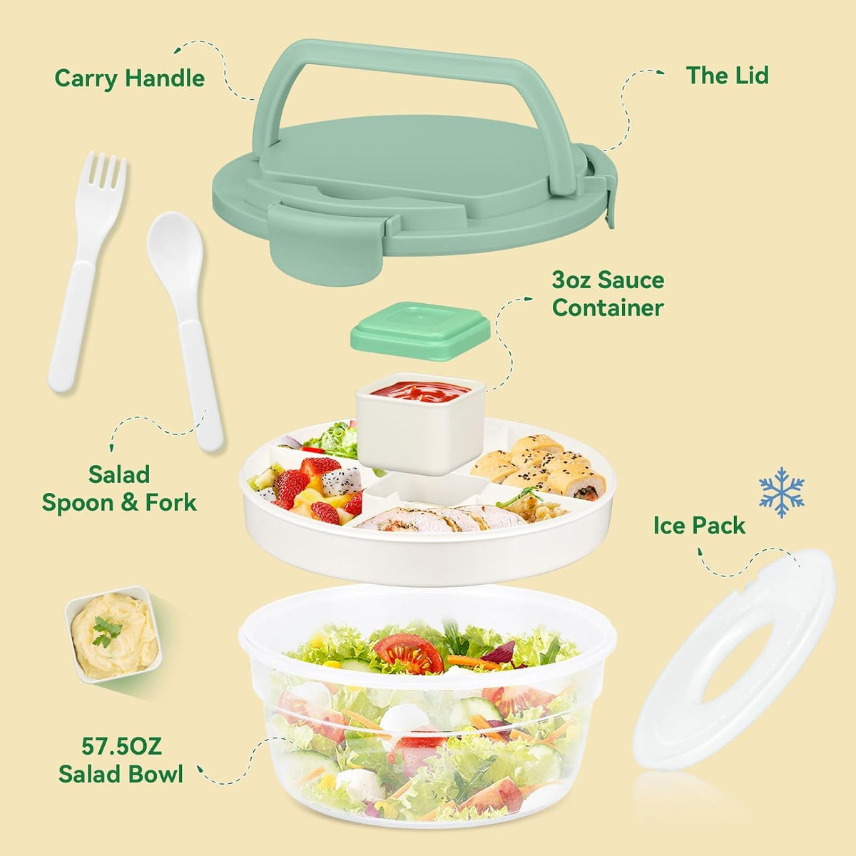 Salad Container for Lunch, Bento Lunch Box 58-oz with 4 Compartments Tray and Ice Pack, Leak-Proof Salad Bowl with Lid for Adults, BPA-Free Lunch Box for Meal Prep & Food Storage(Green)