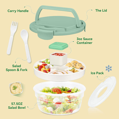 Salad Container for Lunch, Bento Lunch Box 58-oz with 4 Compartments Tray and Ice Pack, Leak-Proof Salad Bowl with Lid for Adults, BPA-Free Lunch Box for Meal Prep & Food Storage(Green)