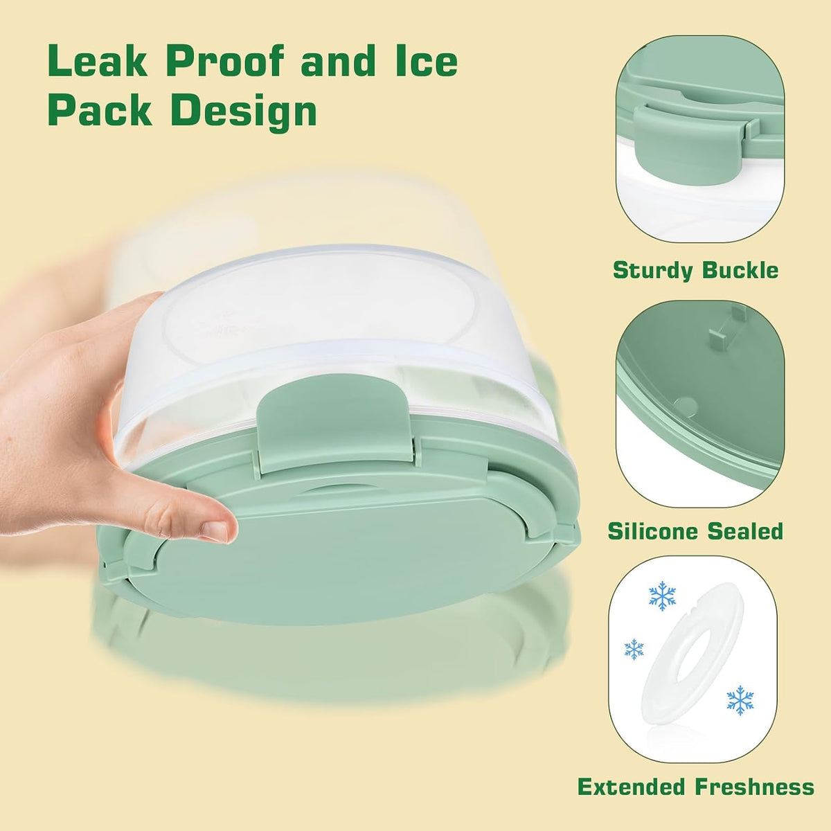 Salad Container for Lunch, Bento Lunch Box 58-oz with 4 Compartments Tray and Ice Pack, Leak-Proof Salad Bowl with Lid for Adults, BPA-Free Lunch Box for Meal Prep & Food Storage(Green)