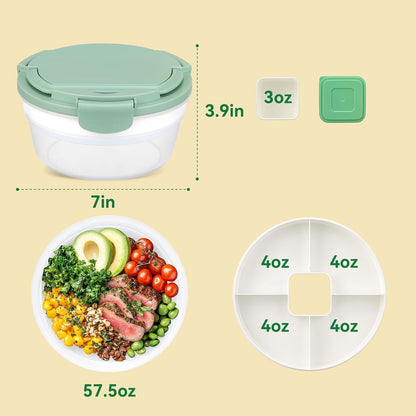 Salad Container for Lunch, Bento Lunch Box 58-oz with 4 Compartments Tray and Ice Pack, Leak-Proof Salad Bowl with Lid for Adults, BPA-Free Lunch Box for Meal Prep & Food Storage(Green)
