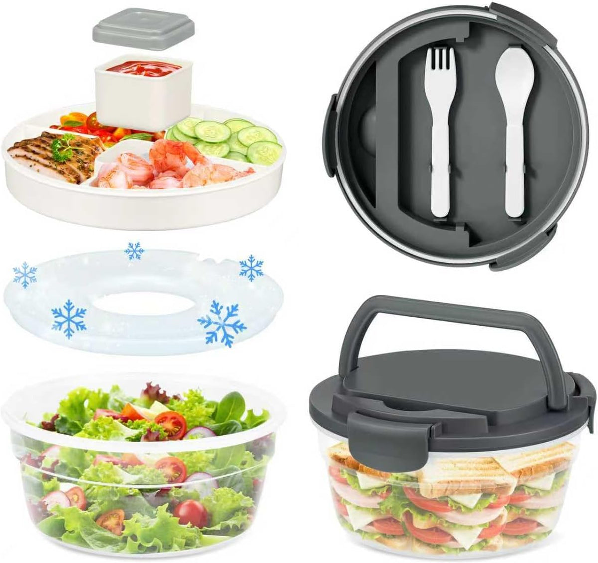 Salad Container for Lunch, Bento Lunch Box 58-oz with 4 Compartments Tray and Ice Pack, Leak-Proof Salad Bowl with Lid for Adults, BPA-Free Lunch Box for Meal Prep & Food Storage(Green)