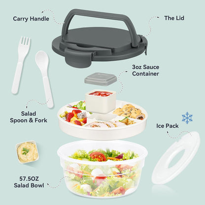 Salad Container for Lunch, Bento Lunch Box 58-oz with 4 Compartments Tray and Ice Pack, Leak-Proof Salad Bowl with Lid for Adults, BPA-Free Lunch Box for Meal Prep & Food Storage(Green)
