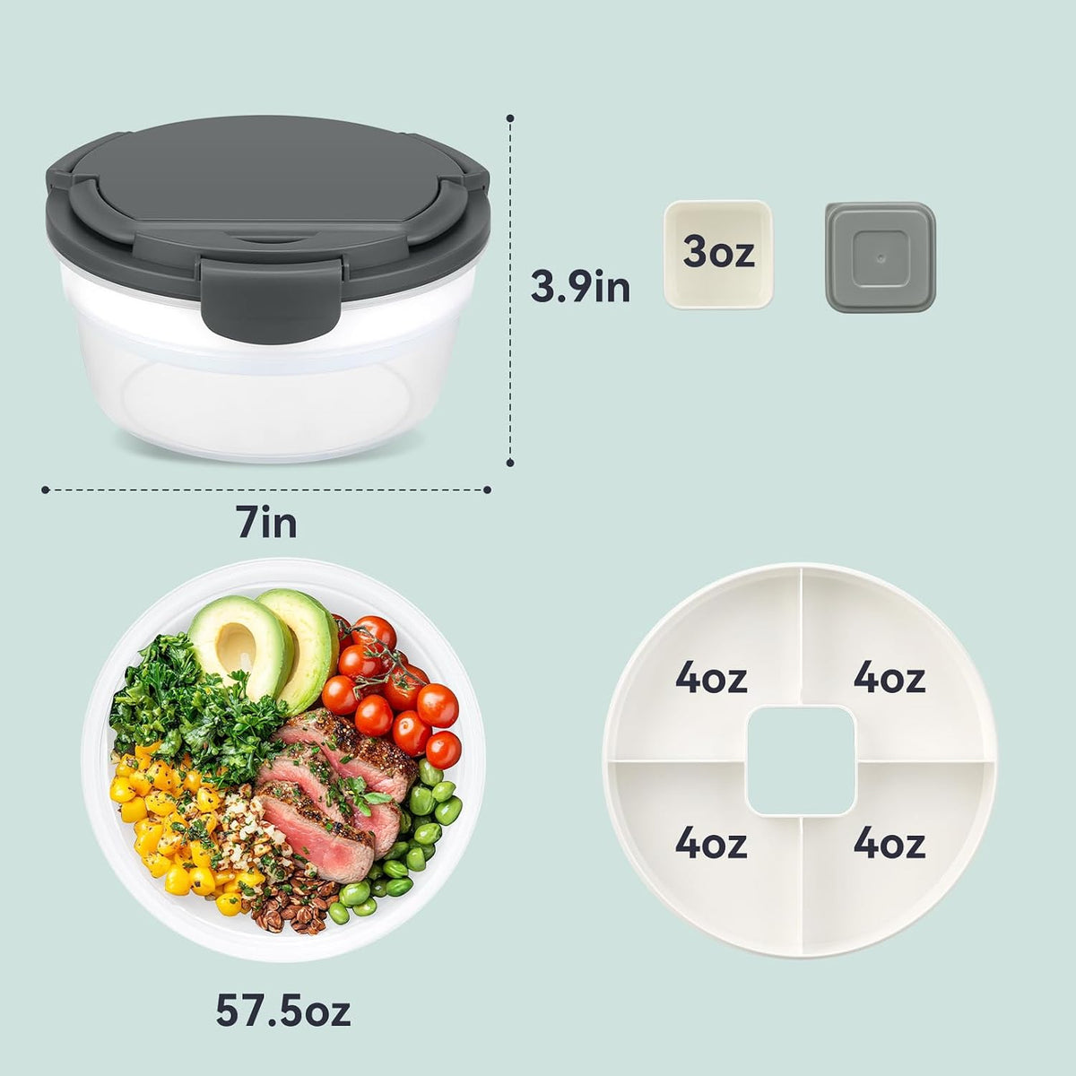Salad Container for Lunch, Bento Lunch Box 58-oz with 4 Compartments Tray and Ice Pack, Leak-Proof Salad Bowl with Lid for Adults, BPA-Free Lunch Box for Meal Prep & Food Storage(Green)
