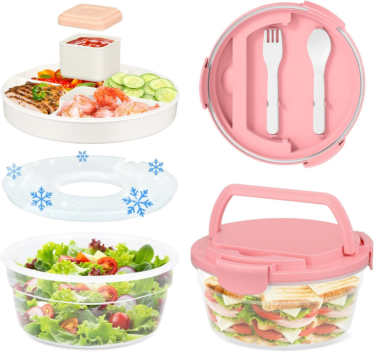 Salad Container for Lunch, Bento Lunch Box 58-oz with 4 Compartments Tray and Ice Pack, Leak-Proof Salad Bowl with Lid for Adults, BPA-Free Lunch Box for Meal Prep & Food Storage(Green)