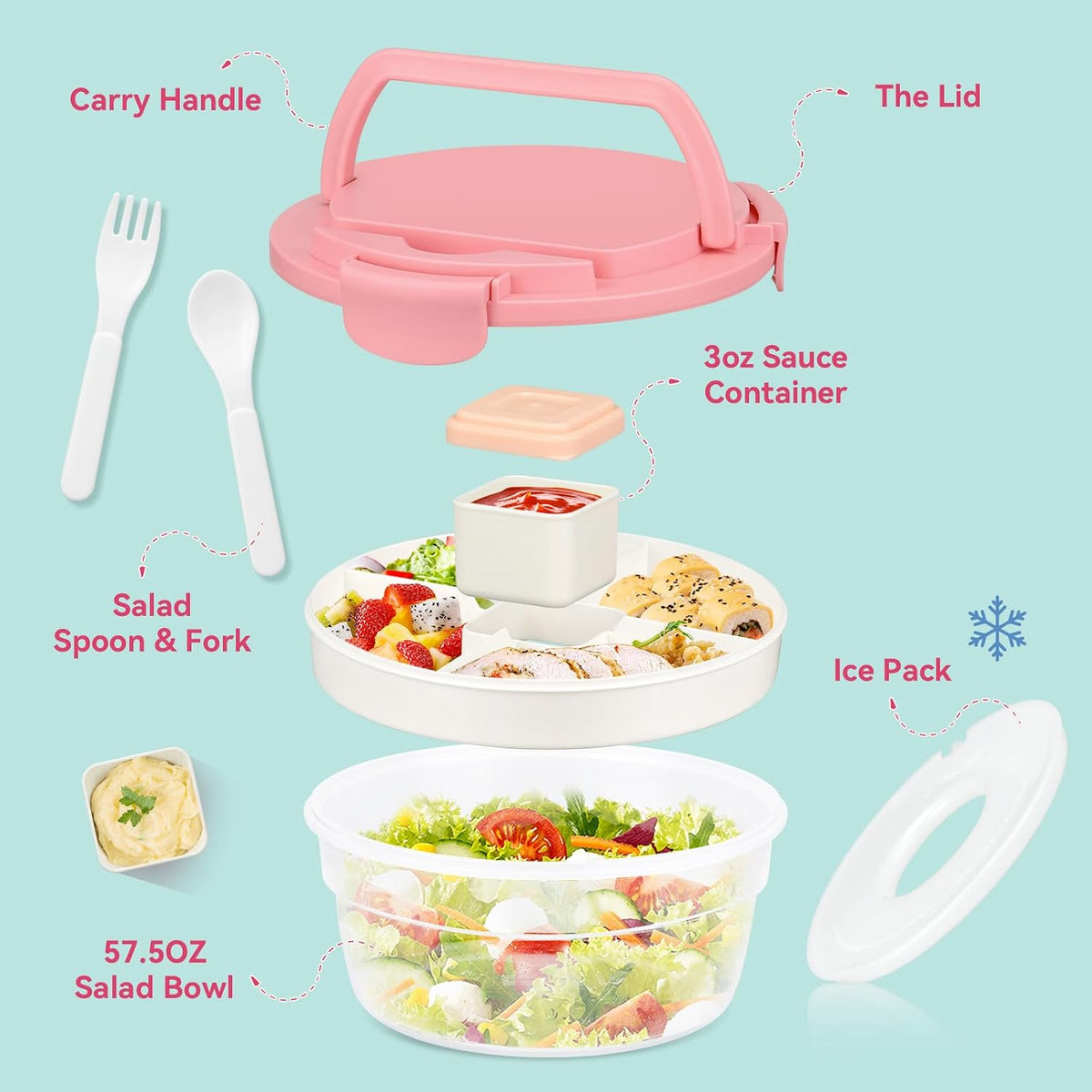Salad Container for Lunch, Bento Lunch Box 58-oz with 4 Compartments Tray and Ice Pack, Leak-Proof Salad Bowl with Lid for Adults, BPA-Free Lunch Box for Meal Prep & Food Storage(Green)