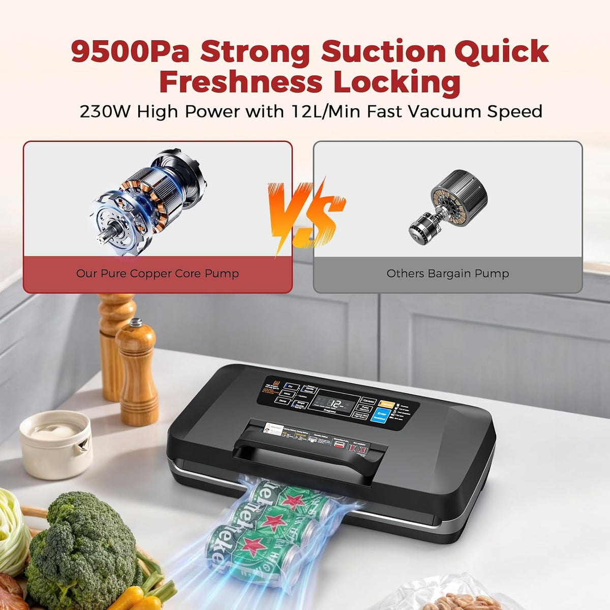 Vacuum Sealer Machine, 230W 95KPa Food Sealer Built-in Cutter & Bag Storage