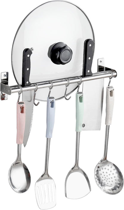 Utensil Hanging Rack Stainless Steel Rail Hanger Rod Wall Mounted Pot Pan Lid Holder Cookware Storage Organizer with Sliding Hooks for Kitchen Bathroom