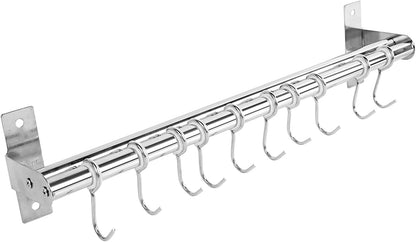 Utensil Hanging Rack Stainless Steel Rail Hanger Rod Wall Mounted Pot Pan Lid Holder Cookware Storage Organizer with Sliding Hooks for Kitchen Bathroom