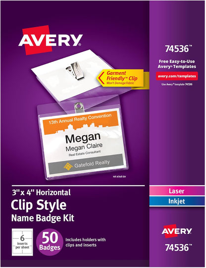 Customizable Name Badges, Clip Style, 3" x 4", Clear Name Tag Holders, White Laser/Inkjet Printable Inserts, 50 Total (74536)