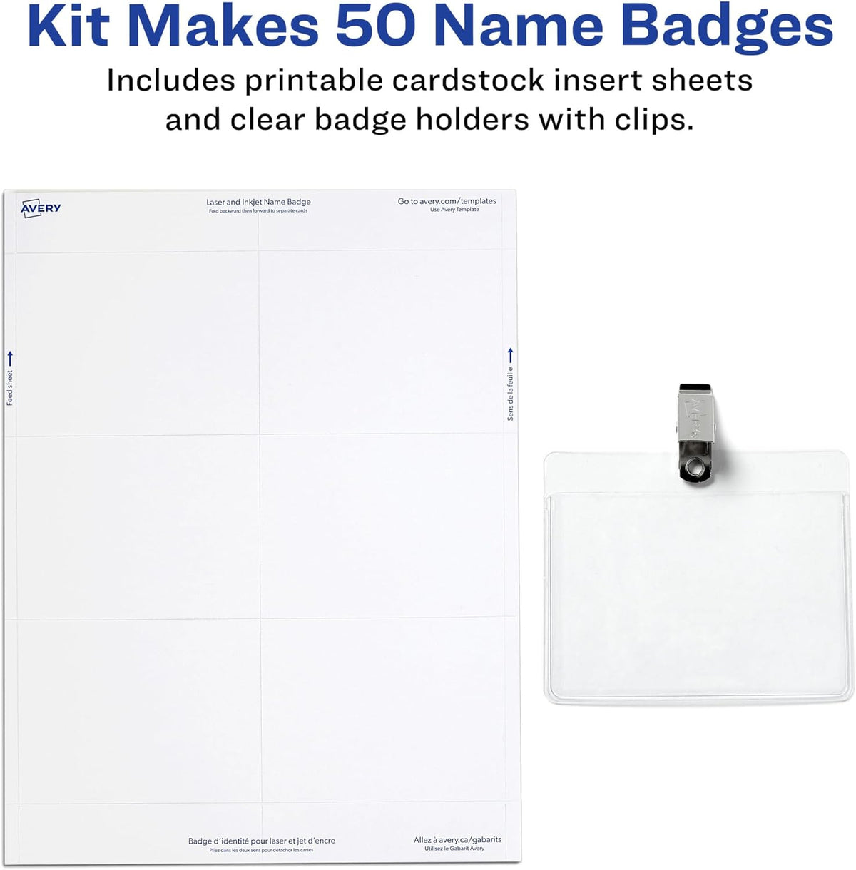 Customizable Name Badges, Clip Style, 3" x 4", Clear Name Tag Holders, White Laser/Inkjet Printable Inserts, 50 Total (74536)