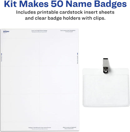 Customizable Name Badges, Clip Style, 3" x 4", Clear Name Tag Holders, White Laser/Inkjet Printable Inserts, 50 Total (74536)