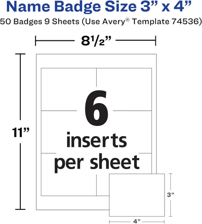 Customizable Name Badges, Clip Style, 3" x 4", Clear Name Tag Holders, White Laser/Inkjet Printable Inserts, 50 Total (74536)