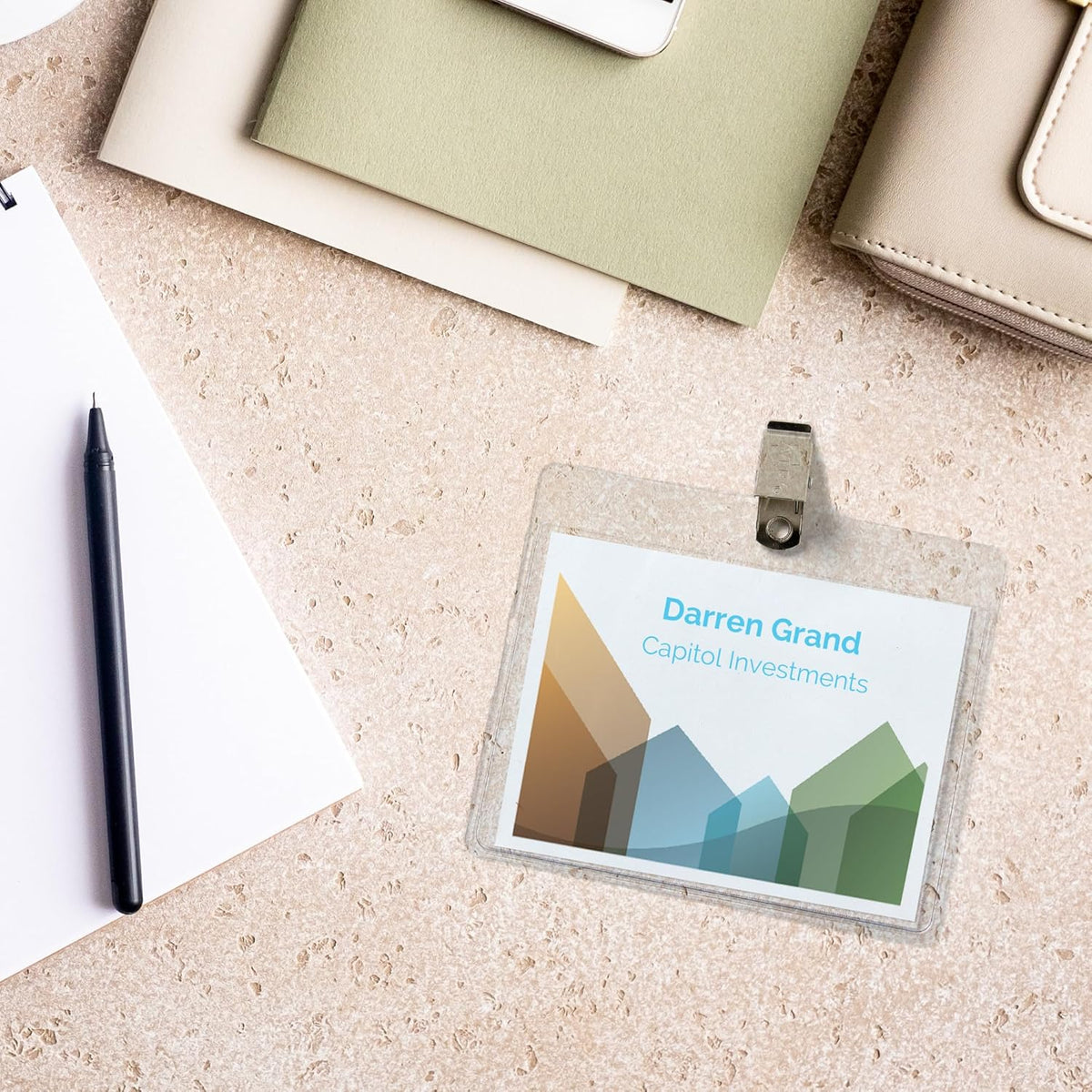Customizable Name Badges, Clip Style, 3" x 4", Clear Name Tag Holders, White Laser/Inkjet Printable Inserts, 50 Total (74536)