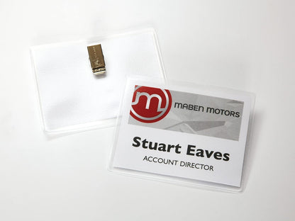 Customizable Name Badges, Clip Style, 3" x 4", Clear Name Tag Holders, White Laser/Inkjet Printable Inserts, 50 Total (74536)