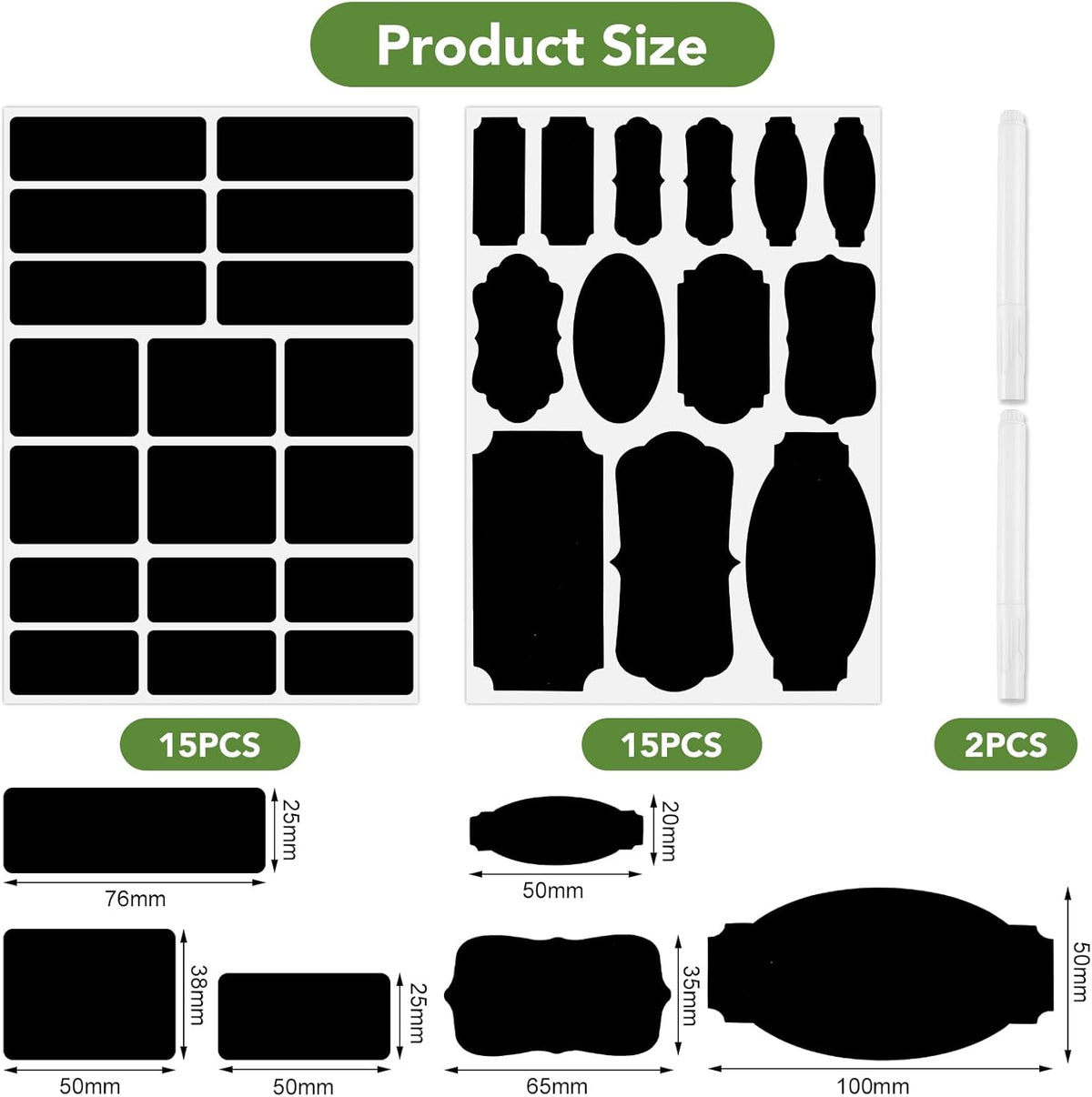 465 Chalkboard Labels for Jars and Containers with 2 White Chalk Markers | Waterproof, Reusable Labels In Assorted Sizes And Shapes; Sticks To Glass, Plastic, Metal, Wood, And Ceramic