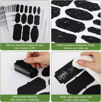 465 Chalkboard Labels for Jars and Containers with 2 White Chalk Markers | Waterproof, Reusable Labels In Assorted Sizes And Shapes; Sticks To Glass, Plastic, Metal, Wood, And Ceramic