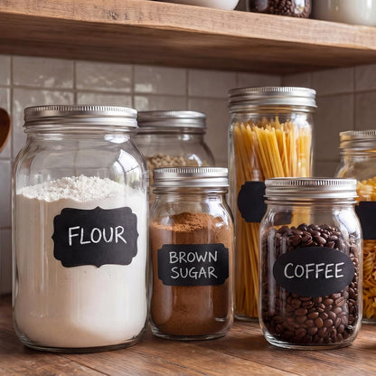 465 Chalkboard Labels for Jars and Containers with 2 White Chalk Markers | Waterproof, Reusable Labels In Assorted Sizes And Shapes; Sticks To Glass, Plastic, Metal, Wood, And Ceramic