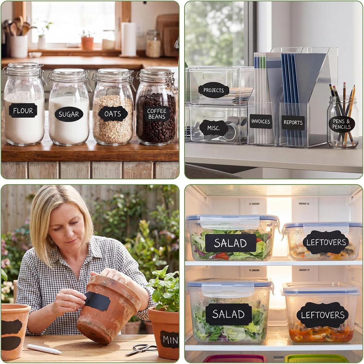 465 Chalkboard Labels for Jars and Containers with 2 White Chalk Markers | Waterproof, Reusable Labels In Assorted Sizes And Shapes; Sticks To Glass, Plastic, Metal, Wood, And Ceramic