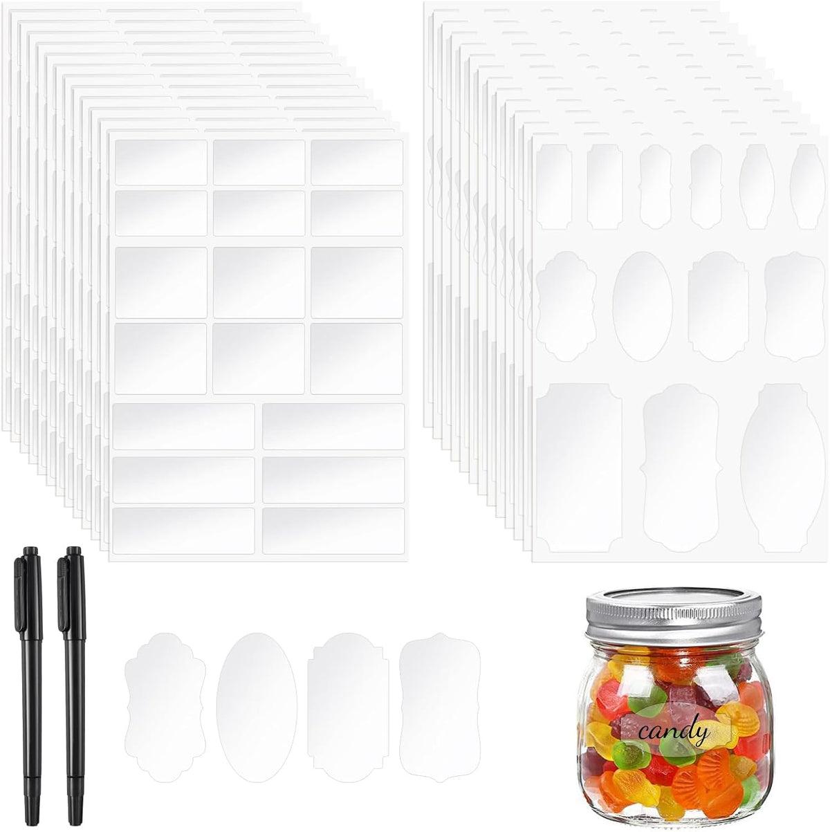 465 Chalkboard Labels for Jars and Containers with 2 White Chalk Markers | Waterproof, Reusable Labels In Assorted Sizes And Shapes; Sticks To Glass, Plastic, Metal, Wood, And Ceramic